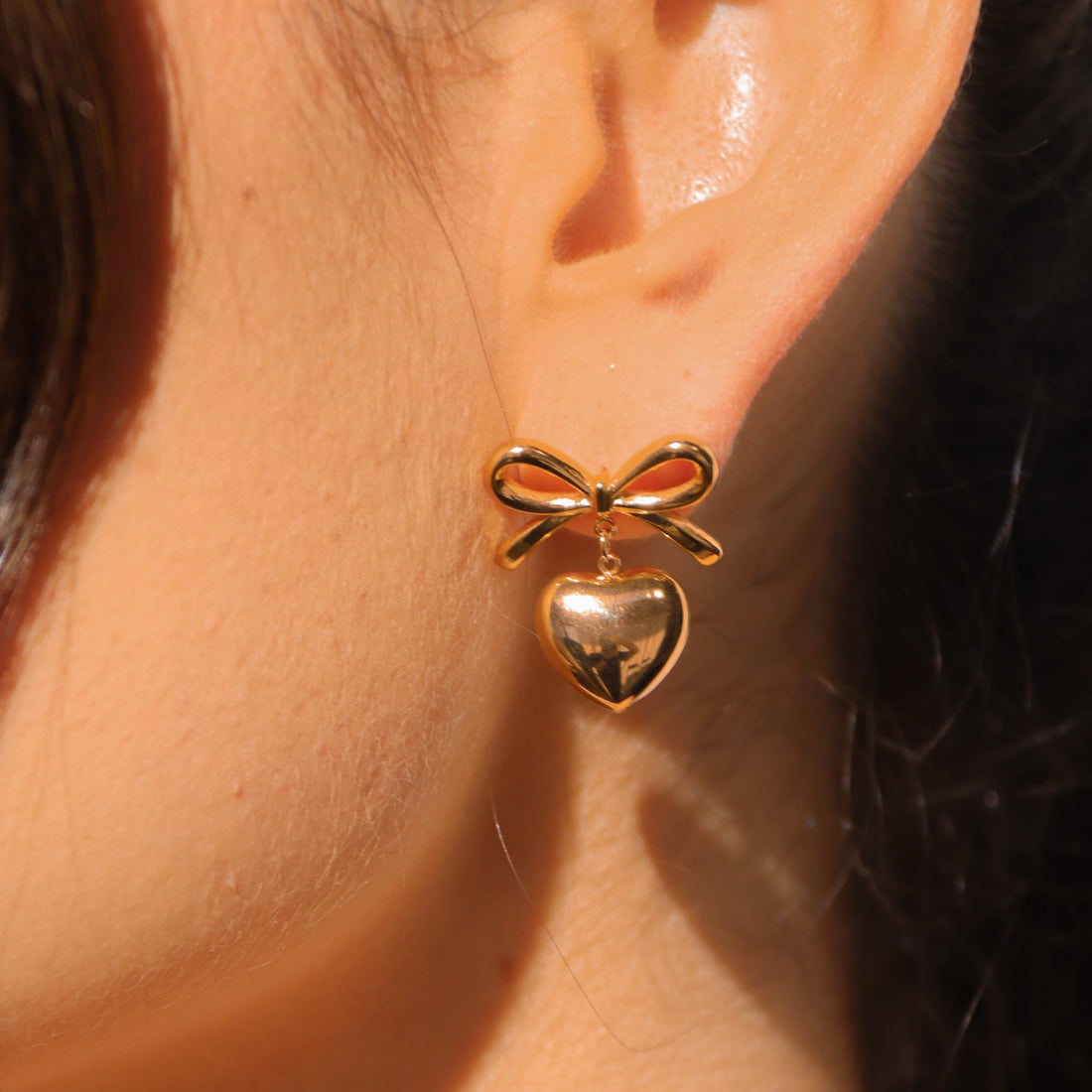 Cupid - Gold Stud Bow with Heart Earrings