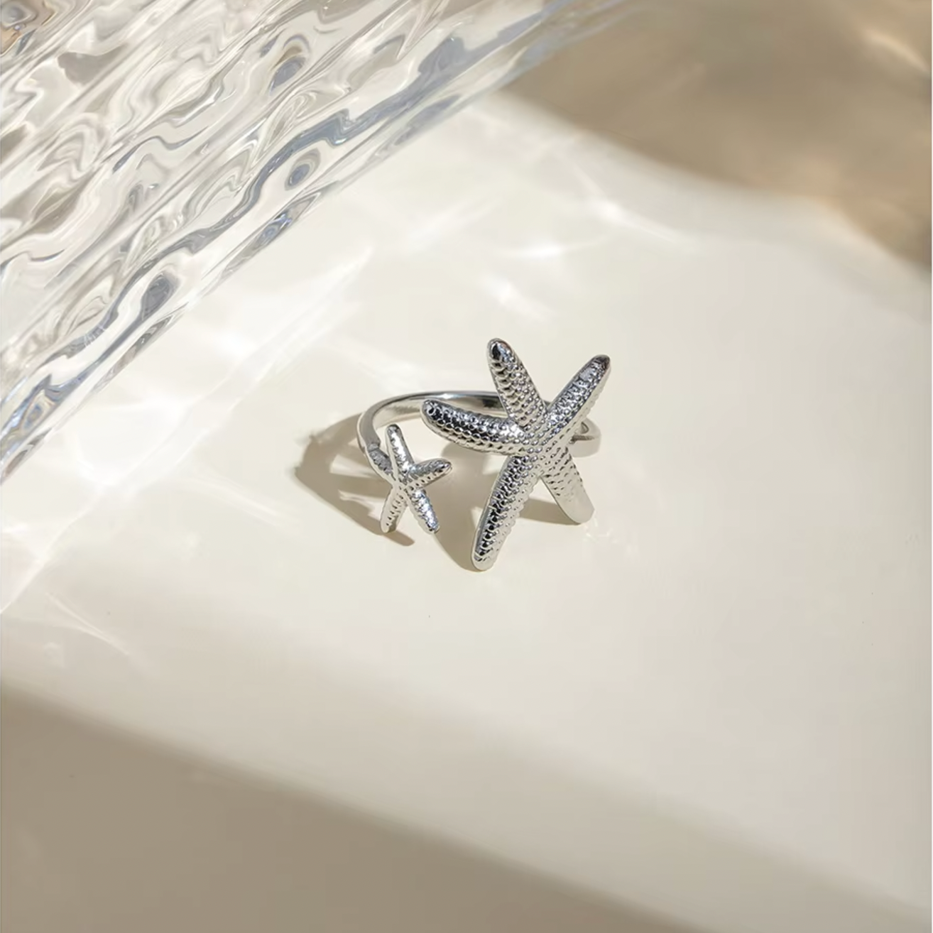 Stevie | Adjustable Stainless Silver Textured Star Fish Ring